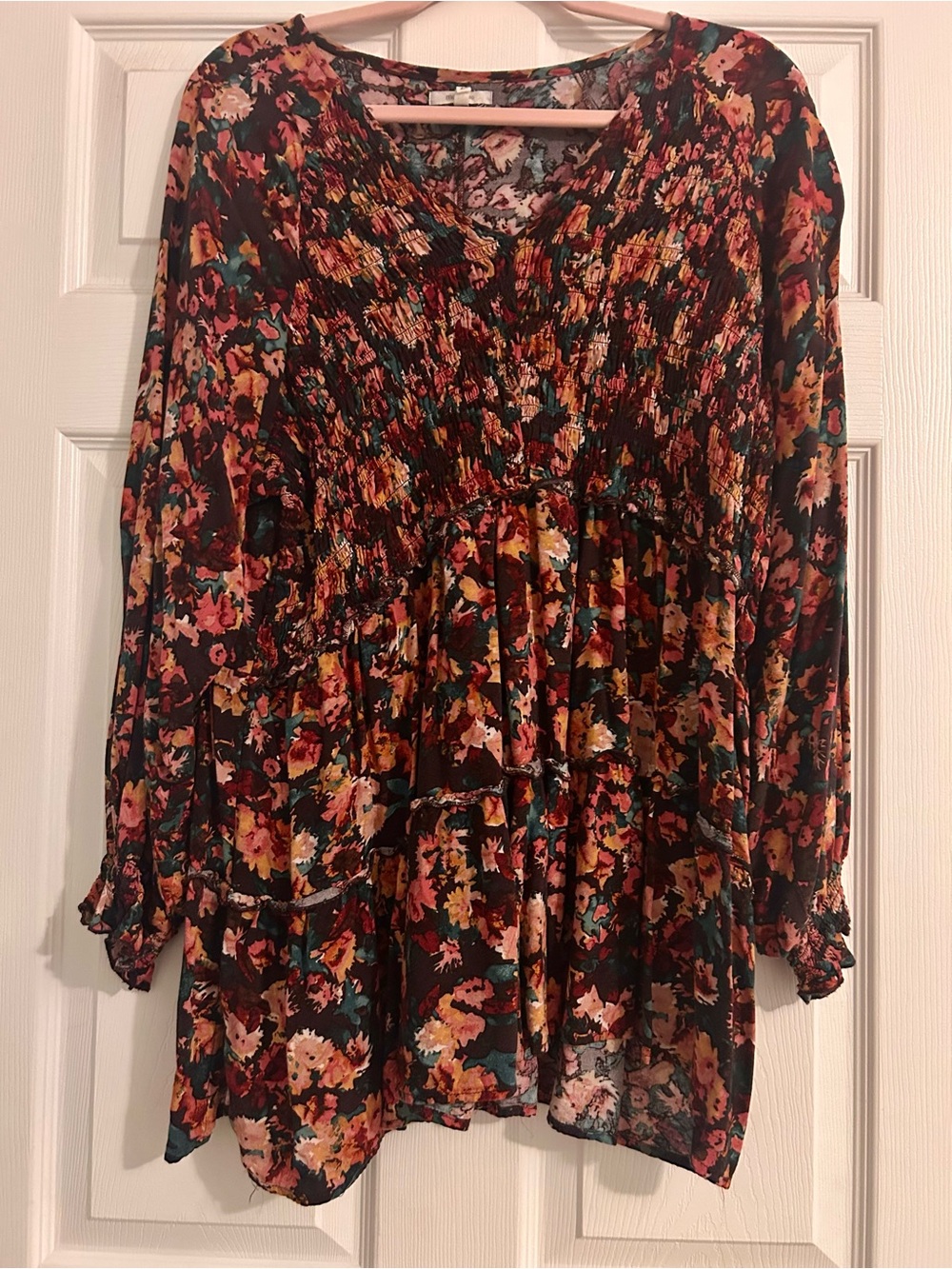 Maurices Dark Floral Smocked V-Neck Tunic in Black and Rust